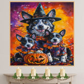 Halloween Witch Australian Cattle Dog Canvas Wall Art with Pumpkins Fall Farmhouse Decor for Pet Lovers on Ready to Hang 1.5" Thick Canvas Wrap, Floating Framed Canvas, Flat Rolled Canvas